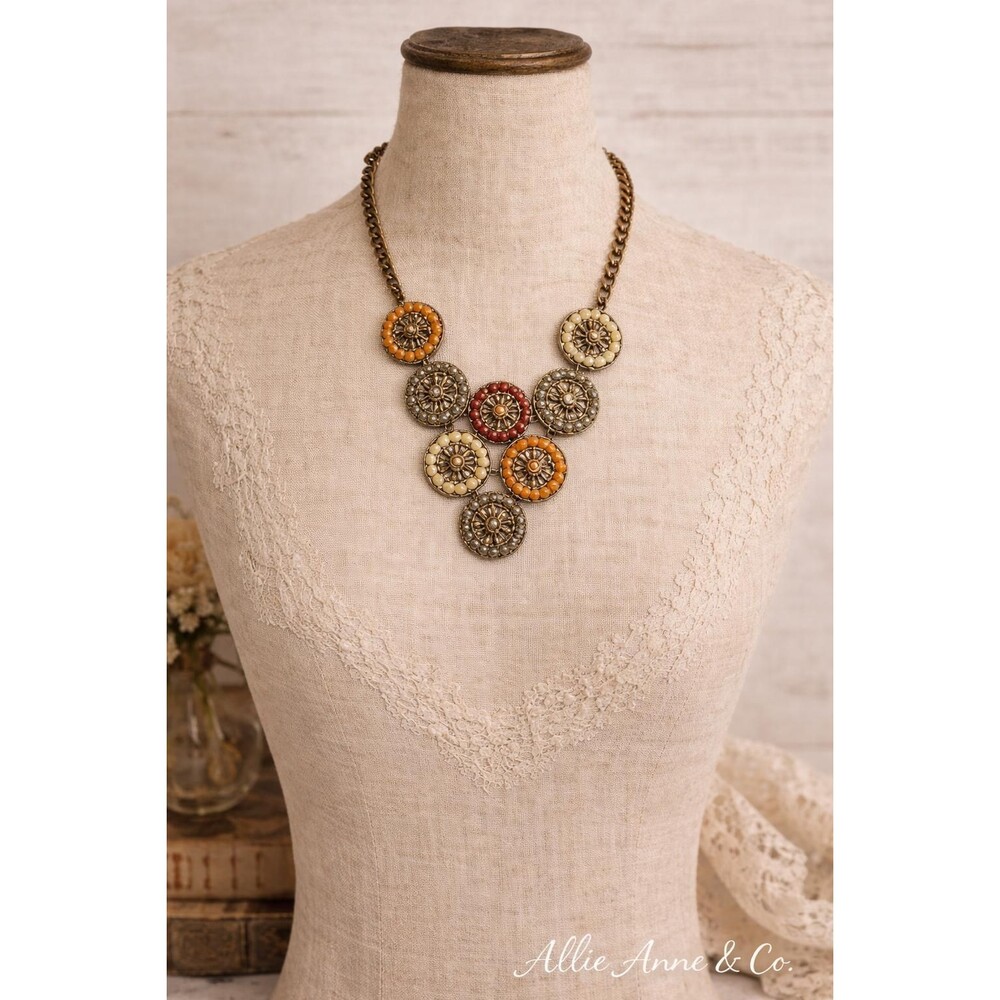 Vintage Boho Statement Necklace | Multi Beaded Medallion Bib Necklace